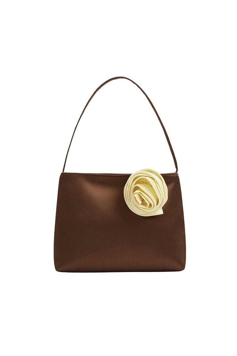 Brown Tuscan Rose silk handbag by Not Just Pajama, shoulder bag with elegant design and smooth fabric, displayed on a neutral background.