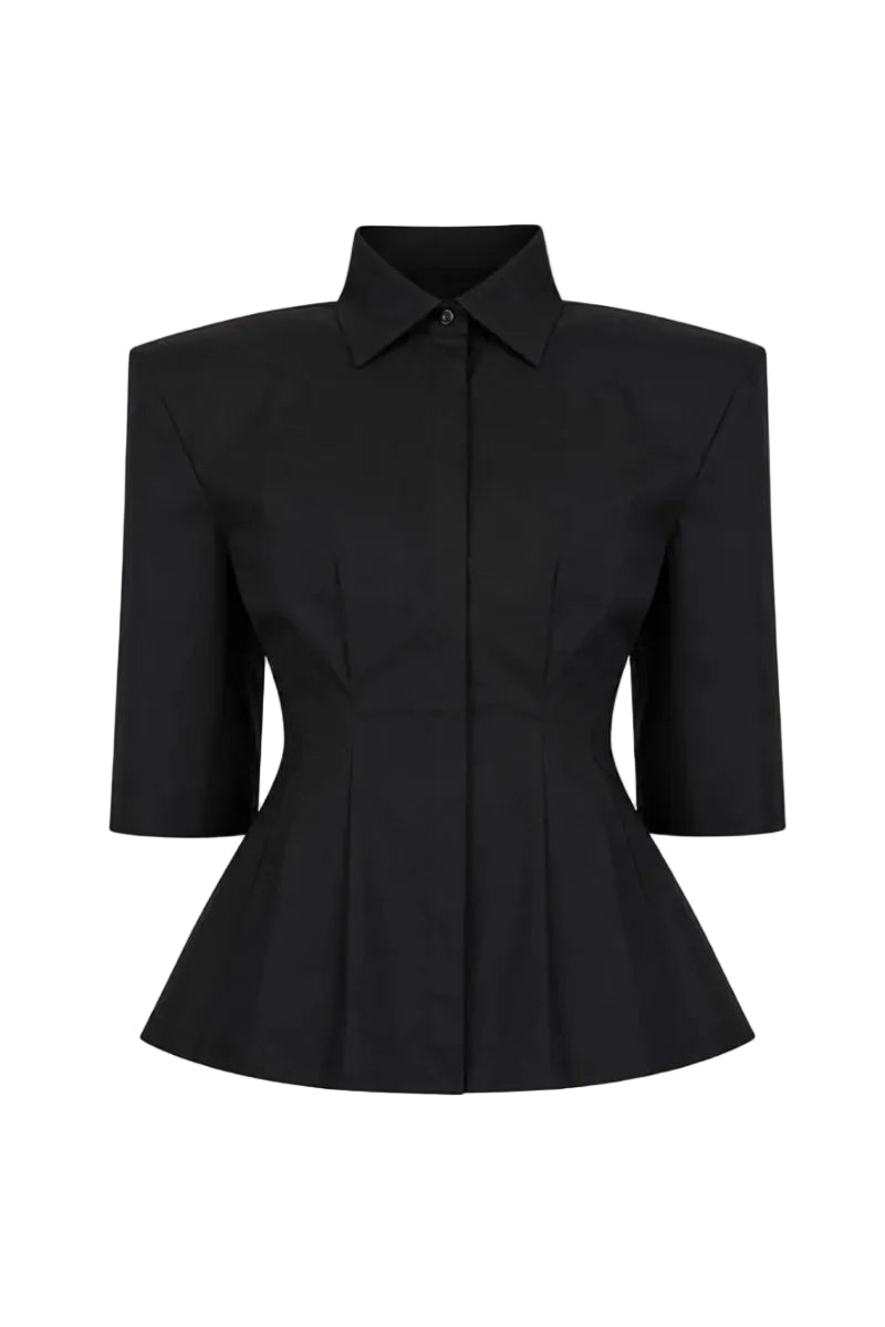 Black Izakova EDISA shirt displayed on a hanger, showcasing a stylish, fitted design with a classic collar and long sleeves.