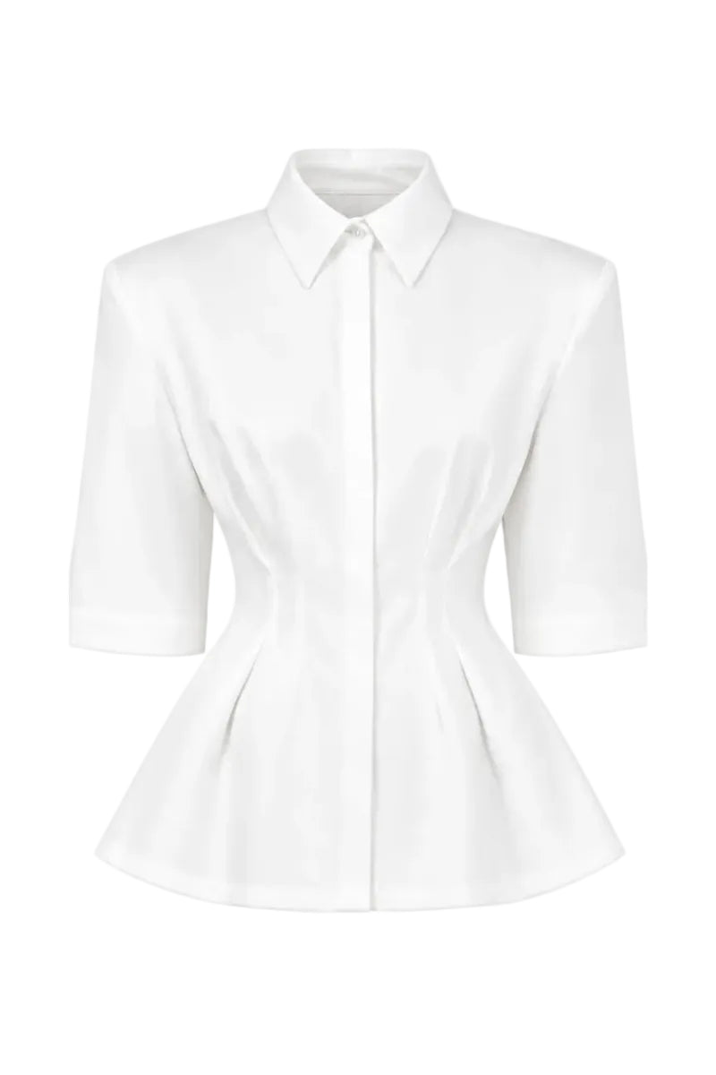 Izakova EDISA shirt in off-white, lightweight cotton with a classic collar and button-down front, displayed on a hanger.