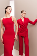 Red hourglass co-ord suit set by Joanna Andraos featuring a stylish, tailored fit with a modern, chic design.