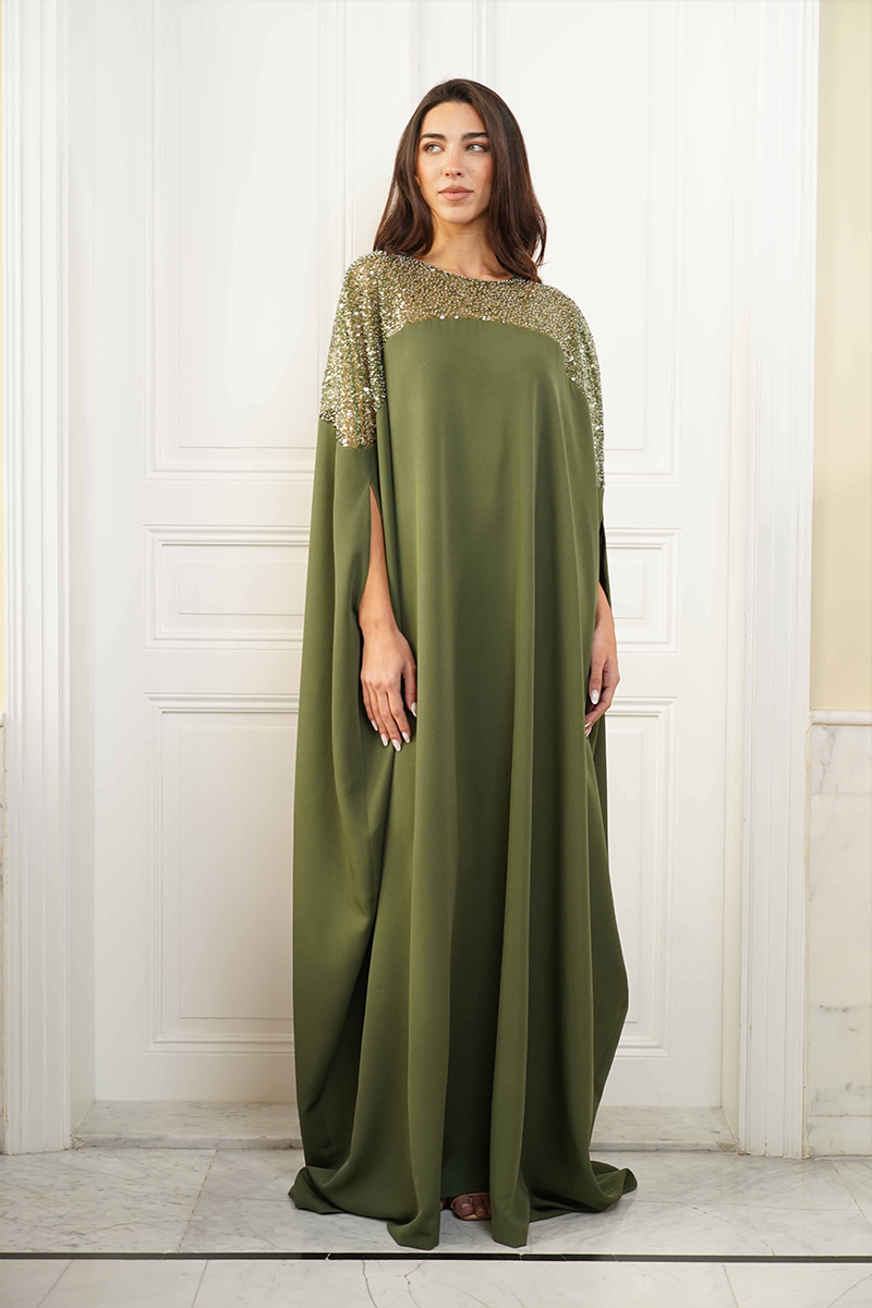 CULT MIA X JOANNA ANDRAOS EMBROIDERED OLIVE GREEN MAXI DRESS