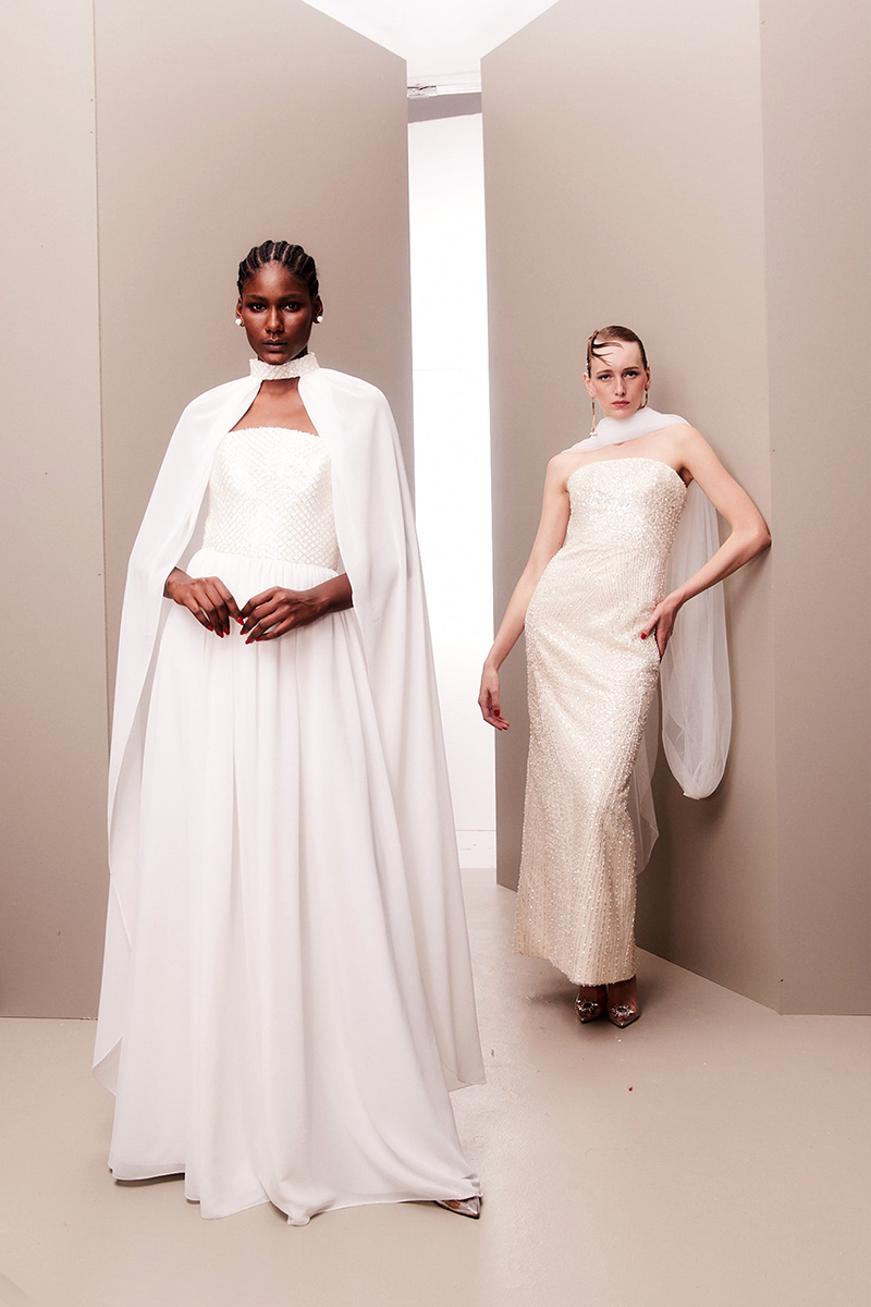 WHITE STRAPLESS GOWN FEATURING CHOKER CAPE - CULT MIA