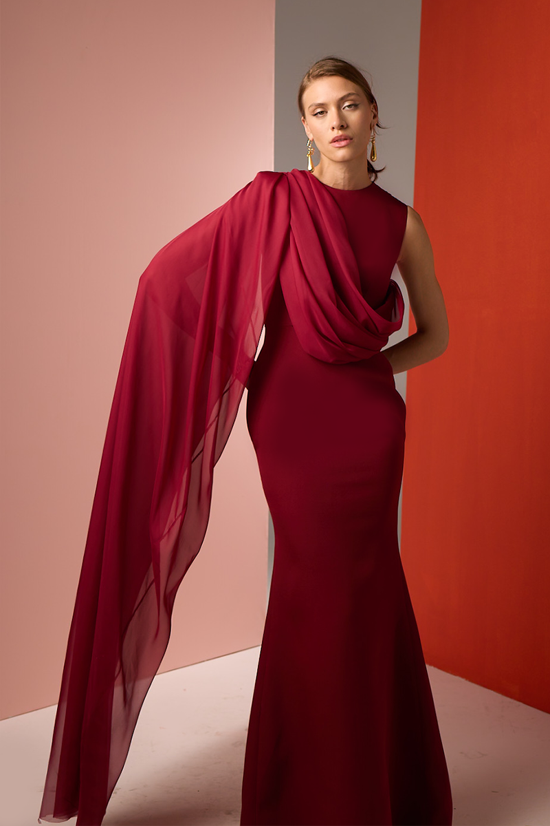 BURGUNDY ONE-SHOULDER CAPE DRESS | CULT MIA BURGUNDY ONE-SHOULDER CAPE DRESS | CULT MIA