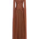 Beige sheer chiffon gown by EEGEN STUDIO, featuring a flowing silhouette and elegant spandex fabric for a sophisticated look.