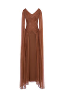 Beige sheer chiffon gown by EEGEN STUDIO, featuring a flowing silhouette and elegant spandex fabric for a sophisticated look.