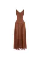 Beige sheer chiffon gown by EEGEN STUDIO with flowing fabric and elegant design, perfect for formal occasions.