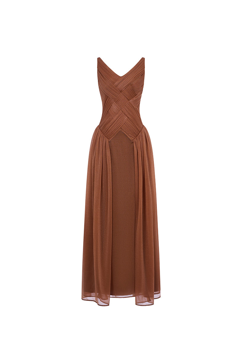 Beige sheer chiffon gown by EEGEN STUDIO featuring flowing fabric and elegant design, perfect for formal occasions.