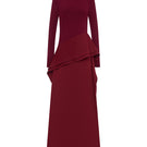 Red spandex jersey gown by EEGEN STUDIO, featuring a sleek, form-fitting design and elegant long sleeves.