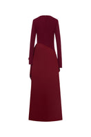 Red spandex jersey gown by EEGEN STUDIO, featuring a sleek, fitted design with long sleeves and elegant style.