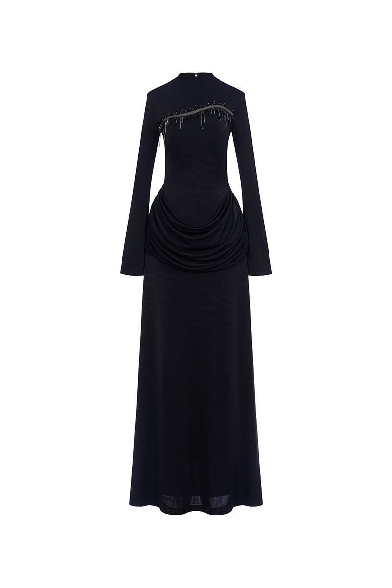 Black Twinkle Jersey Spandex maxi dress by EEGEN STUDIO, featuring a fitted silhouette and elegant length.