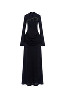 Black Twinkle Jersey Spandex Gown by EEGEN STUDIO, showing a sleek, fitted gown with a subtle shimmer and elegant drape.
