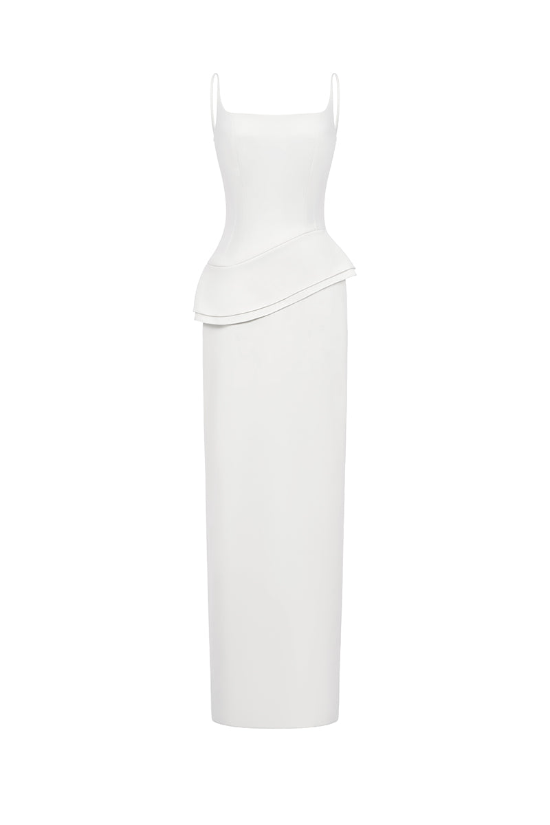 White spandex maxi dress from EEGEN STUDIO featuring a sleek, fitted design with smooth fabric and elegant length.