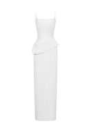 White spandex maxi dress by EEGEN STUDIO featuring a sleek, fitted silhouette with long sleeves and a flowing hemline.
