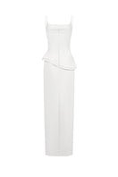 White spandex maxi dress by EEGEN STUDIO, featuring a fitted silhouette and elegant design perfect for casual or formal wear.