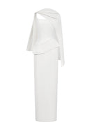 White spandex maxi dress by EEGEN STUDIO, showcasing a fitted, elegant design with smooth fabric and a flowing silhouette.