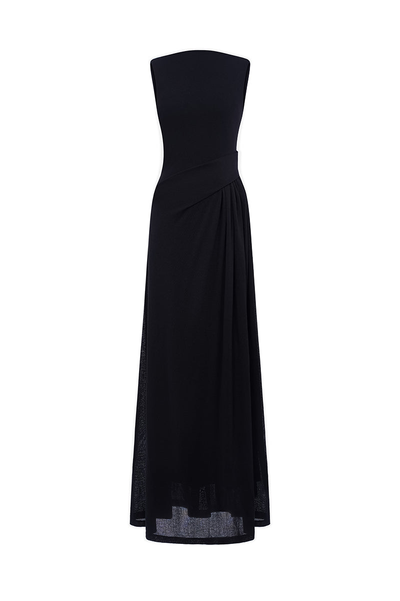 Black and white spandex light knit maxi dress by EEGEN STUDIO, featuring a fitted silhouette and stylish pattern.