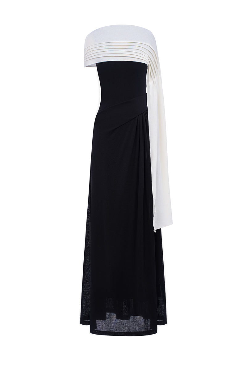 Black and white spandex knit gown by EEGEN STUDIO, featuring a sleek, fitted design with stylish color blocking.