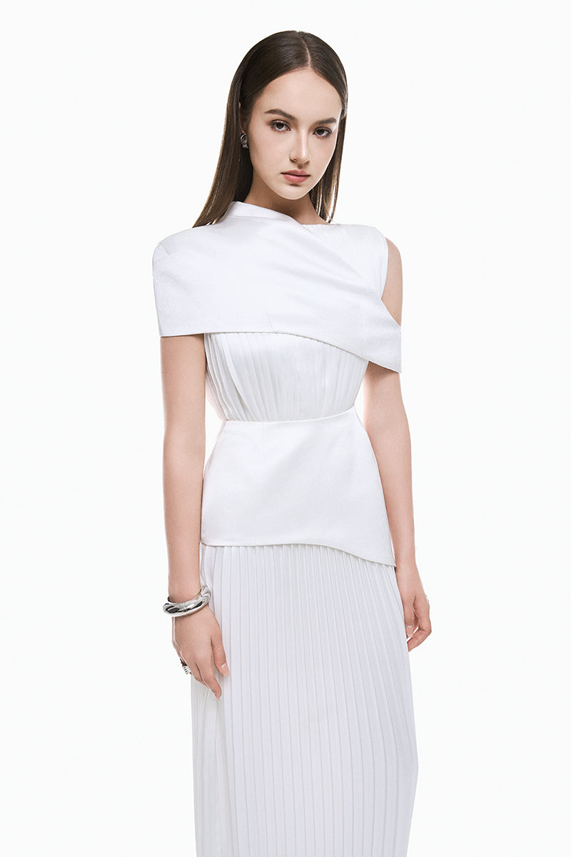 White taffeta silk maxi dress by EEGEN STUDIO, featuring a flowing design and elegant fabric, perfect for formal occasions.