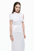 White taffeta silk gown by EEGEN STUDIO, elegant floor-length dress with a smooth, shiny fabric and delicate design details.