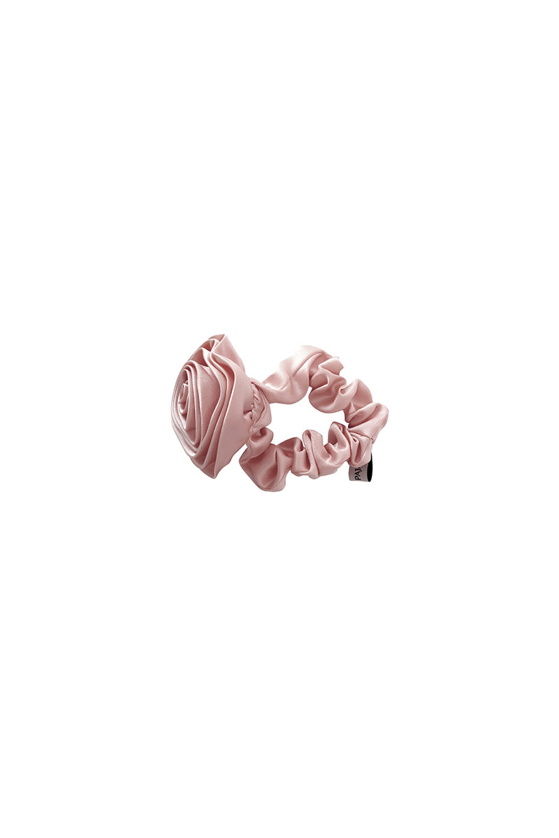 TUSCAN ROSE silk scrunchies from Not Just Pajama, soft pink hair accessories made of luxurious silk fabric.