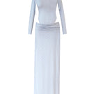 Rayane Bacha Elara Metallic Silver Co-ords set featuring a fitted top and matching high-waisted pants with a shiny metallic finish.