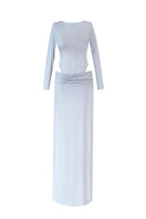 Rayane Bacha Elara Metallic Silver Co-ords set featuring a fitted top and matching high-waisted pants with a shiny metallic finish.