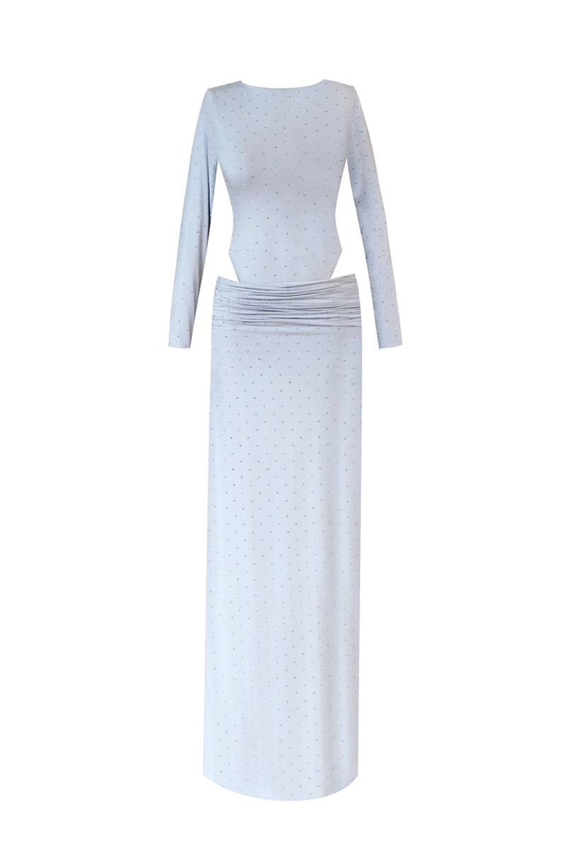 Rayane Bacha Elara Metallic Silver Co-ords set featuring a fitted top and matching high-waisted pants with a shiny metallic finish.
