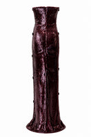Urban Muse Ember Gown in Burgundy, elegant evening dress with flowing fabric and intricate details, perfect for formal occasions.
