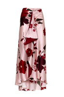 Estefania Symphony printed pink midi skirt with cherry Picante print, showcasing a flowy design and vibrant pattern.