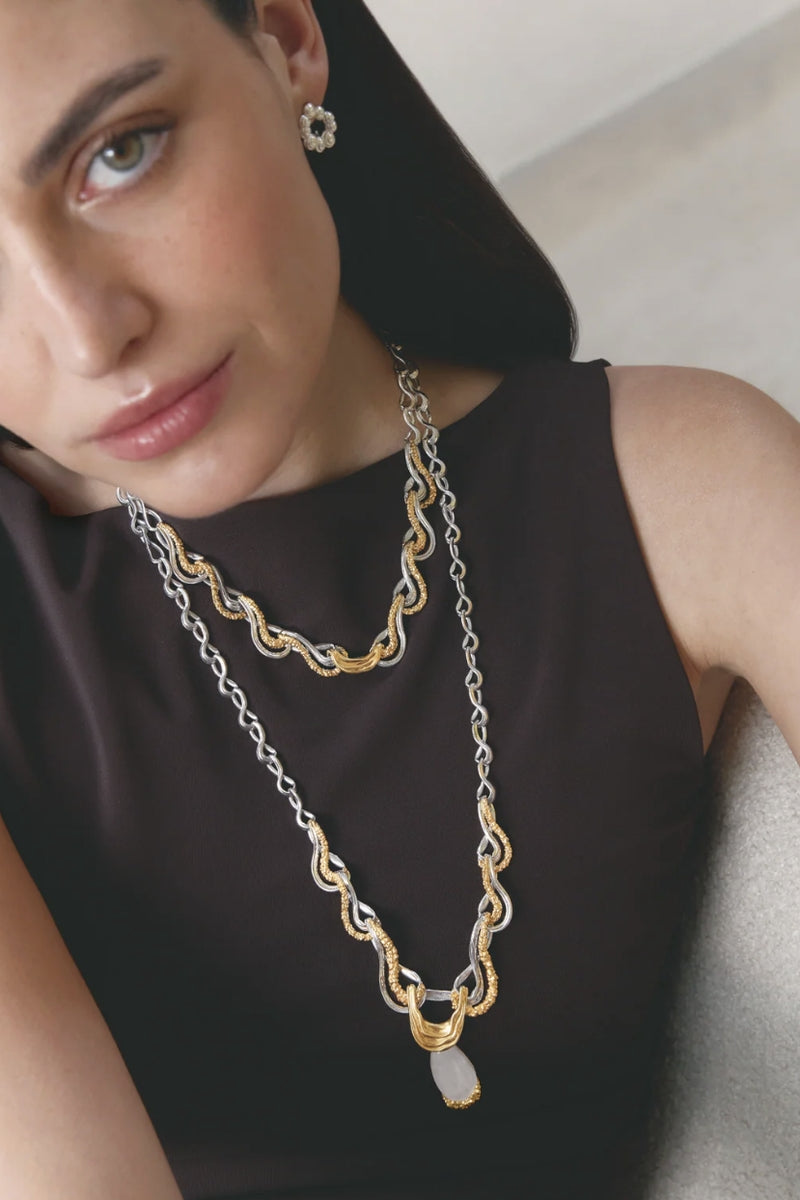 Jude Benhalim eternity necklace featuring a delicate silver chain with a continuous loop of sparkling gemstones.