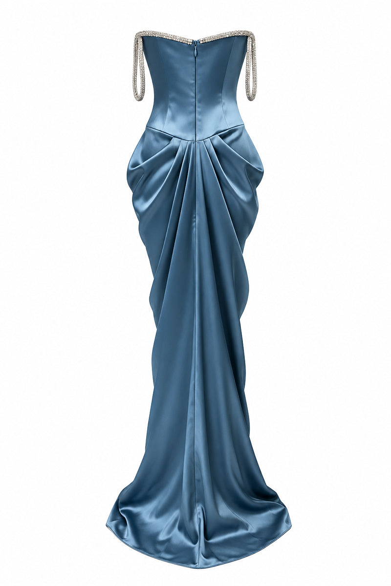 Blue EVANIA gown by URBAN MUSE, featuring elegant fabric and detailed design, displayed on a model.