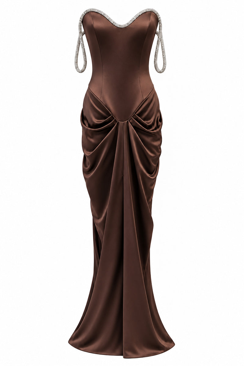 Elegant brown EVANIA gown by URBAN MUSE featuring flowing fabric and sophisticated design, perfect for formal occasions.