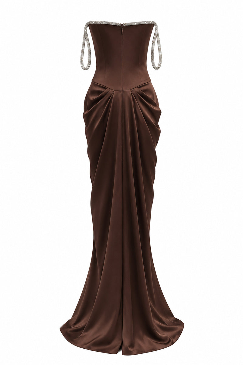Urban Muse Evania gown in brown featuring a flowing design, perfect for elegant occasions.