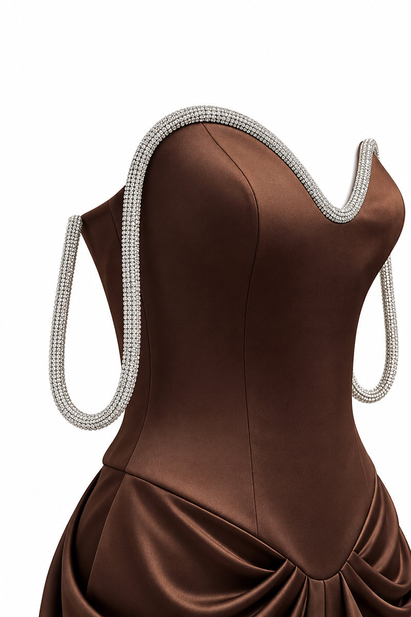 Urban Muse Evania gown in brown, elegant long dress with flowing fabric and subtle detailing, perfect for formal occasions.