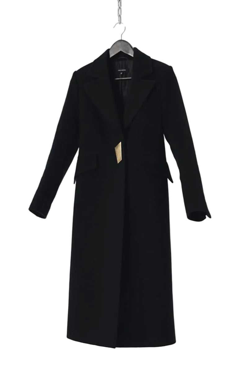 Black Kris Marán straight-cut coat with signature button detail, showcasing a sleek, tailored design and classic style.