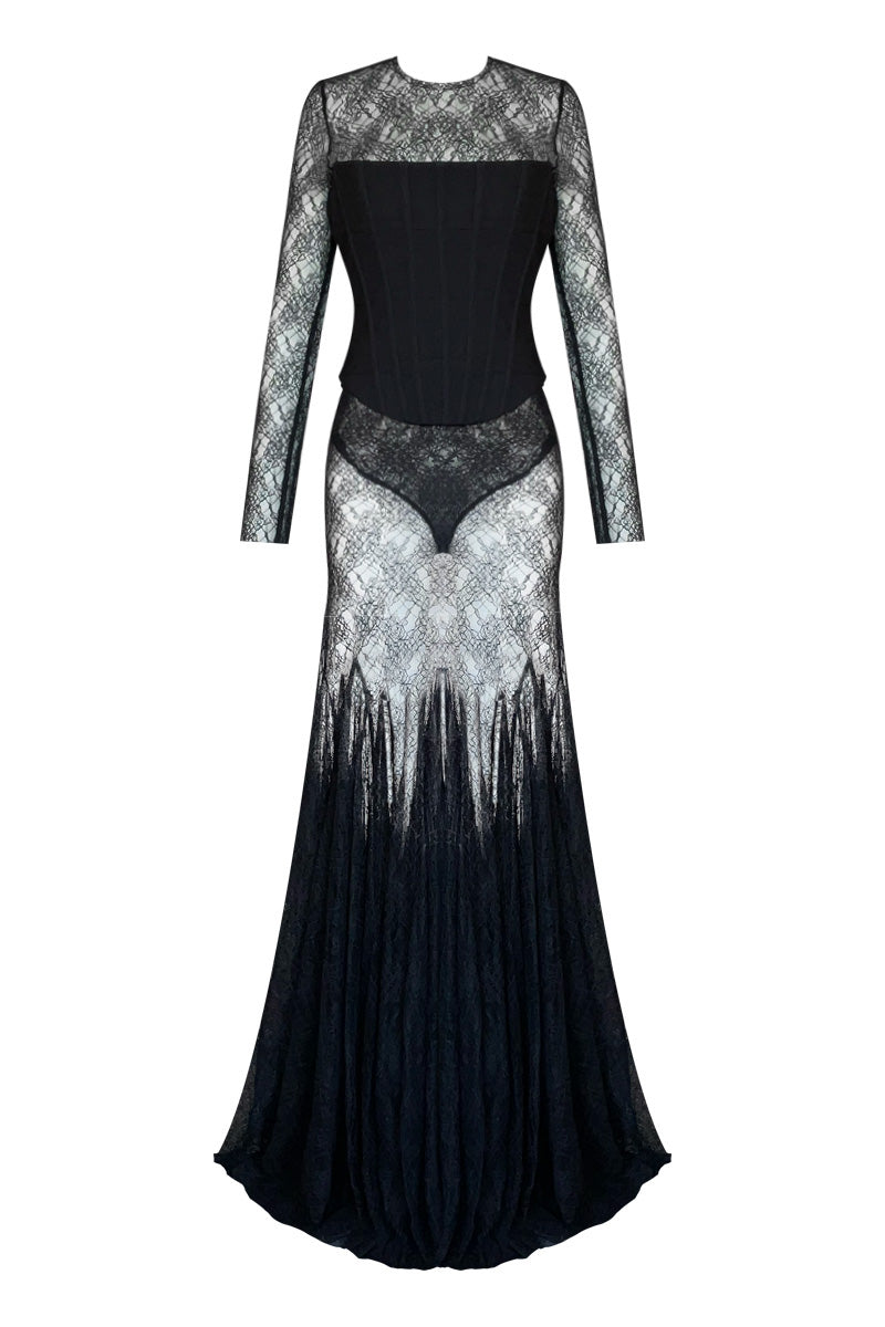 BLACK STONE-EMBELLISHED LONG-SLEEVE GOWN | CULT MIA