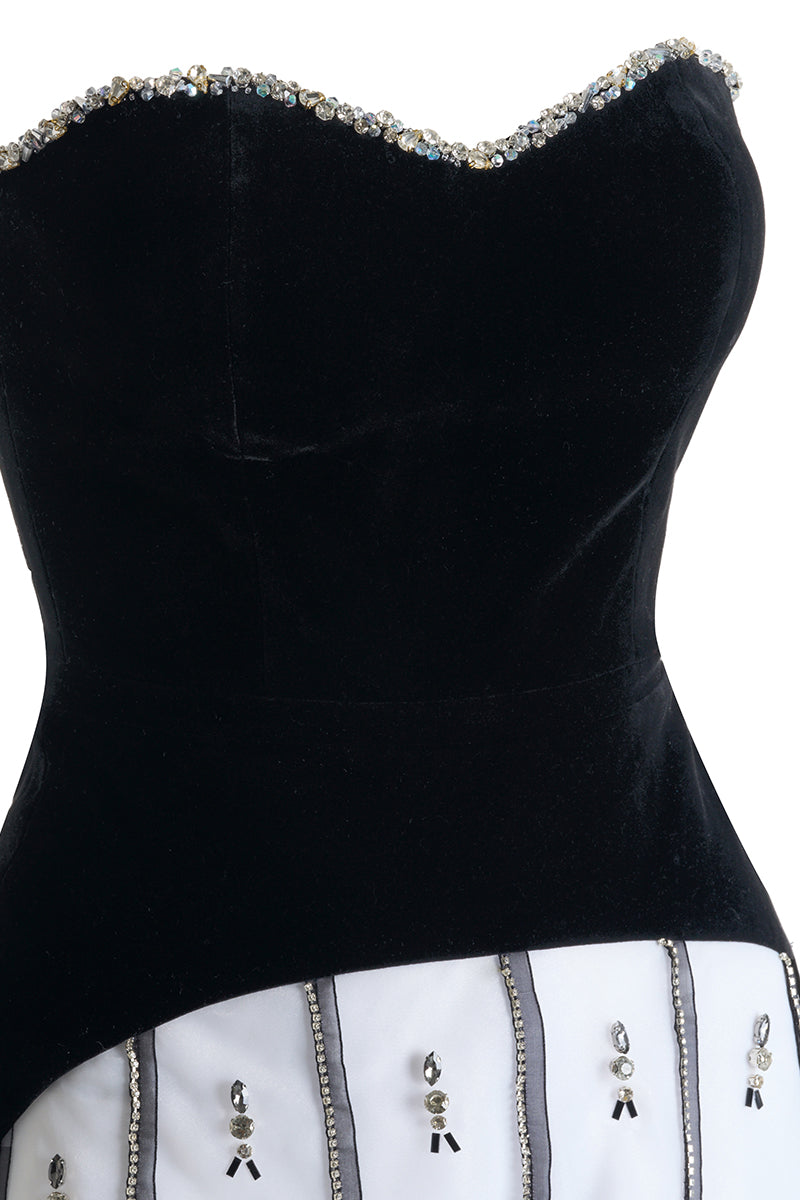 Black and white strapless gown by Happy Clothing featuring a fitted bodice and flowing skirt for elegant evening wear.