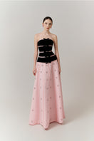 Elegant velvet and crystal A-line gown by Happy Clothing, featuring a flowing silhouette and intricate embellishments.