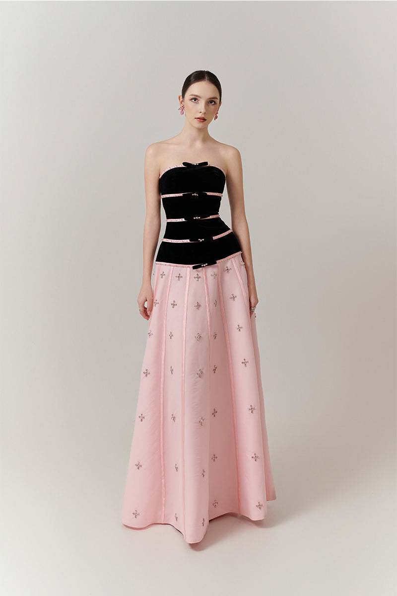 Elegant velvet and crystal A-line gown by Happy Clothing, featuring a flowing silhouette and intricate embellishments.