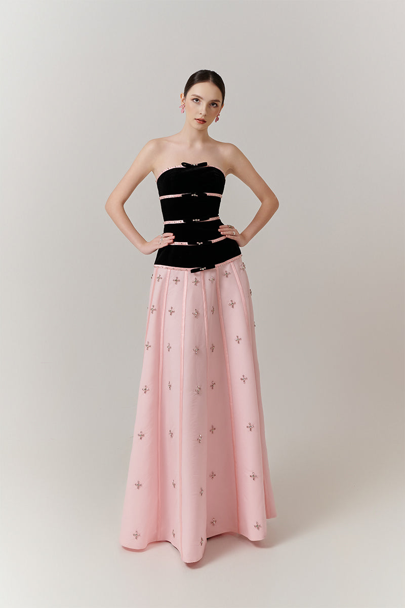 VELVET AND CRYSTAL A-LINE MAXI DRESS - CULT MIA