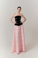 Velvet and crystal A-line gown by Happy Clothing, featuring elegant fabric and sparkling crystal accents, full-length design.