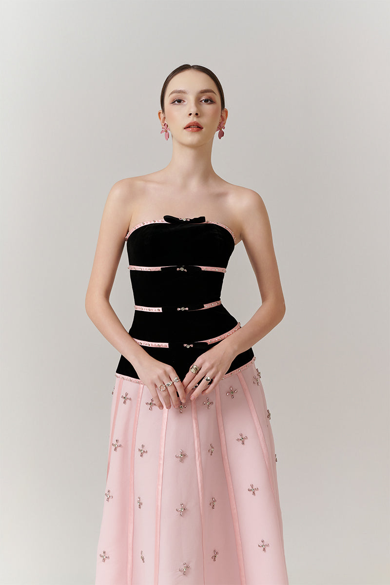 VELVET AND CRYSTAL A-LINE MAXI DRESS - CULT MIA