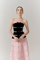 Elegant velvet and crystal A-line gown by Happy Clothing, featuring a flowing silhouette and intricate detailing.
