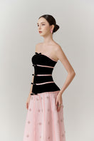 Elegant velvet and crystal A-line gown by Happy Clothing featuring intricate details and flowing fabric design.