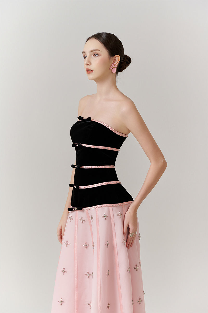 Elegant velvet and crystal A-line gown by Happy Clothing featuring intricate details and flowing fabric design.