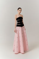 Elegant velvet and crystal A-line gown by Happy Clothing, featuring a flowing silhouette and intricate detailing.