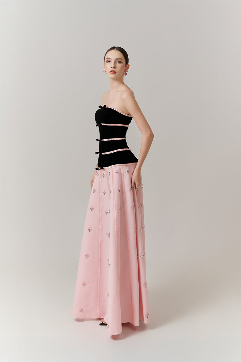 Elegant velvet and crystal A-line gown by Happy Clothing, featuring a flowing silhouette and intricate embellishments.