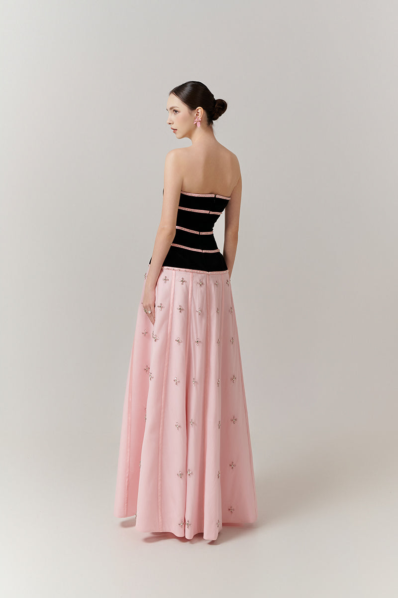 Elegant velvet and crystal A-line gown by Happy Clothing featuring intricate detailing and flowing fabric.