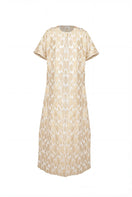 Gold coat dress by Shatha Essa, stylish and elegant outerwear with a fitted silhouette and metallic gold finish.