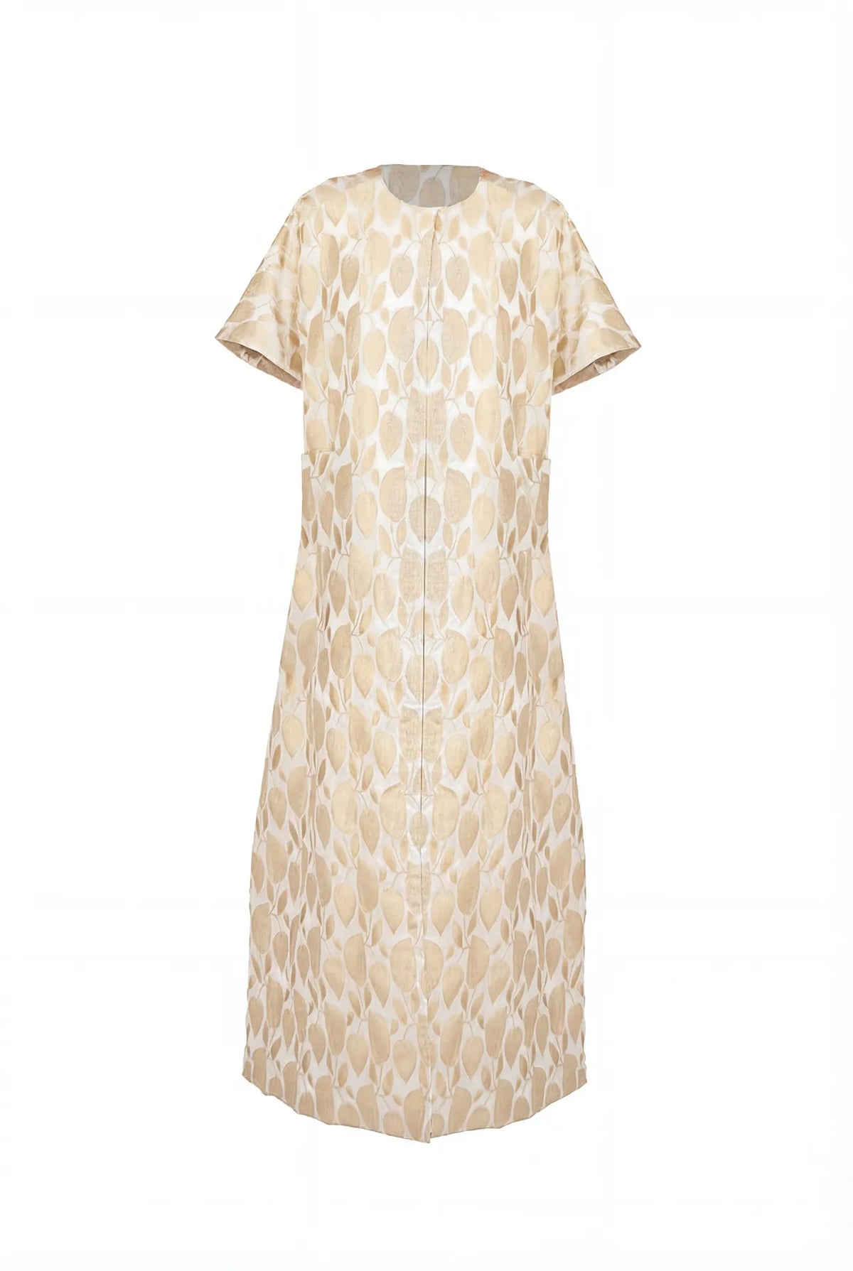 Gold coat dress by Shatha Essa, stylish and elegant outerwear with a fitted silhouette and metallic gold finish.